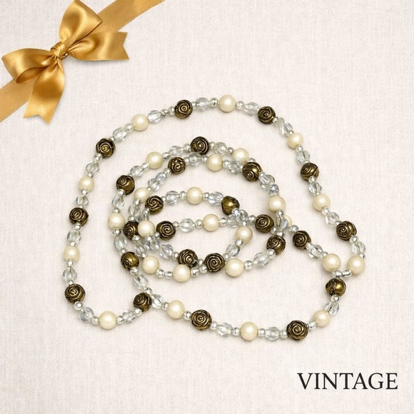 Vintage Gold Rose & Pearl Bead Long Necklace - Picture 2 of 4